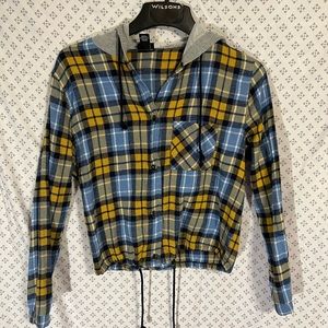 Plaid button down, with draw string hoodie and waist.